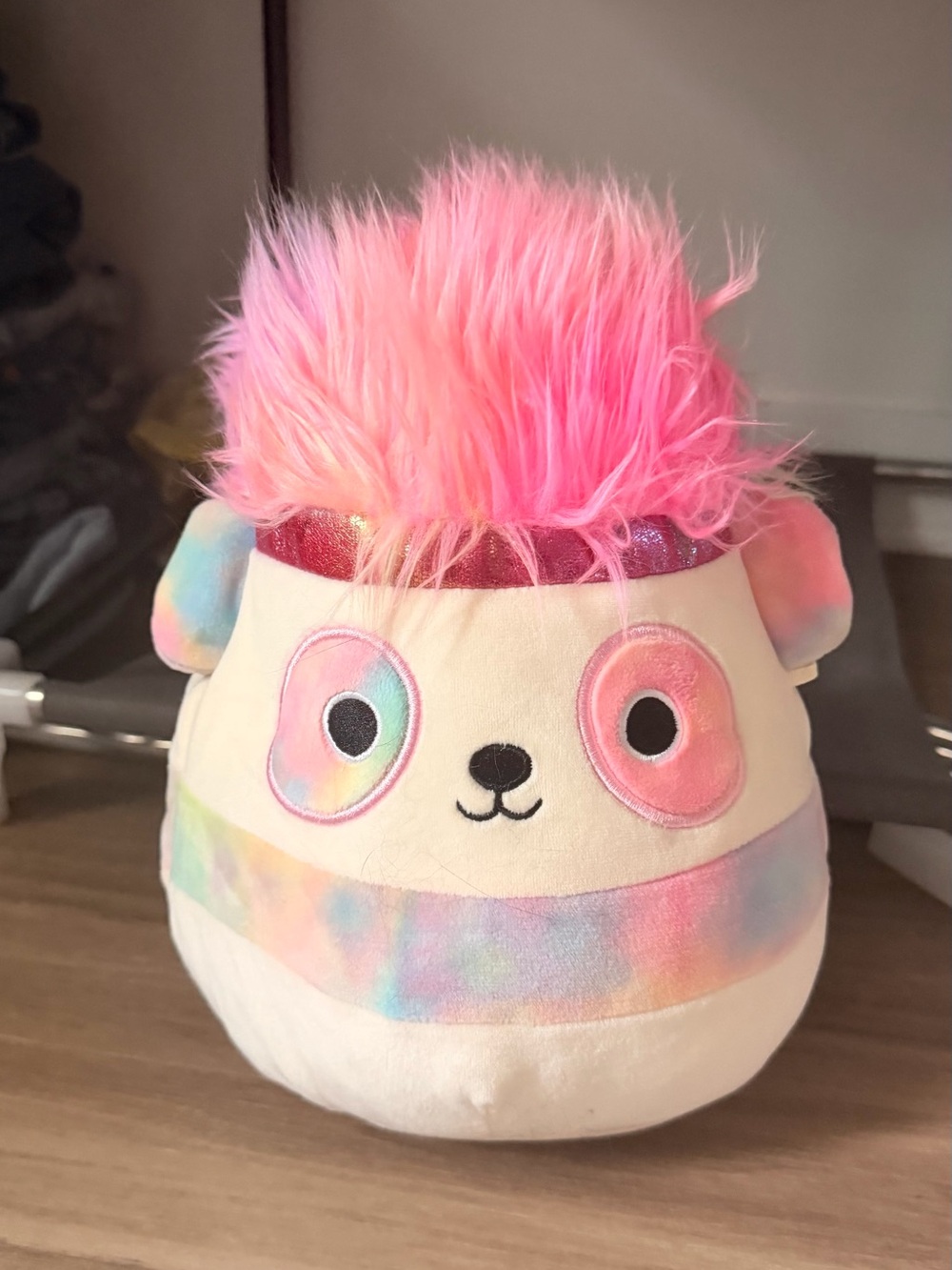 Squishmallows Pastel Rainbow Panda with Pink Fuzzy Top
